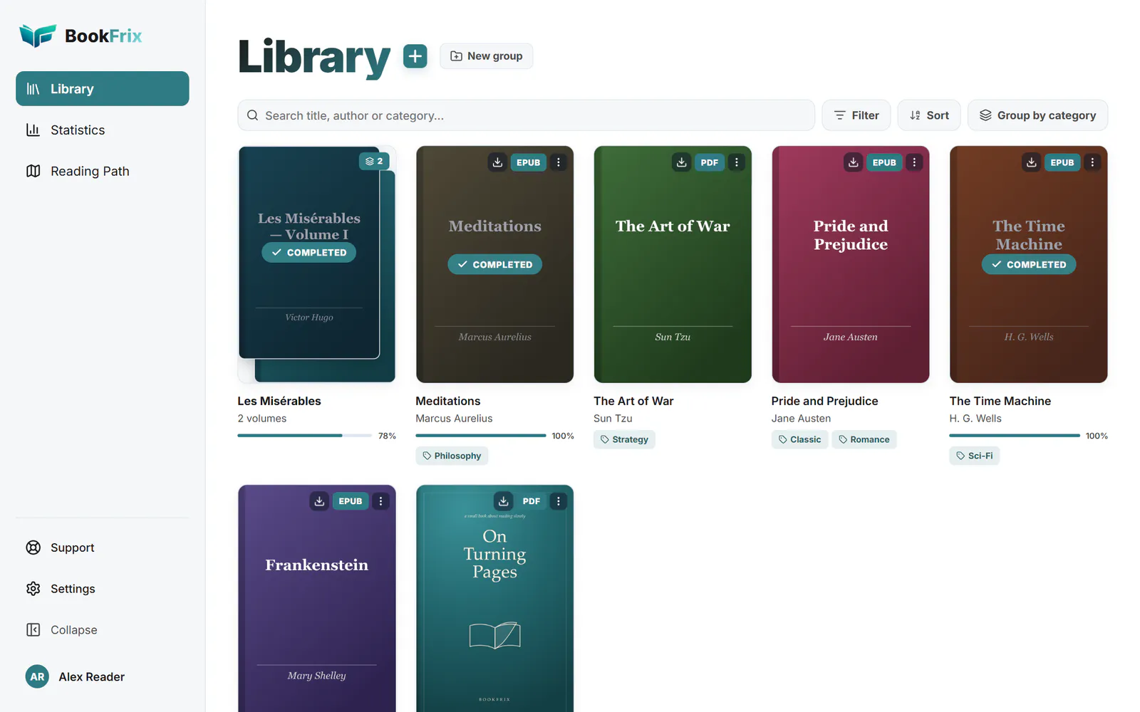 The BookFrix library: book covers in a grid with format badges, reading progress bars and categories