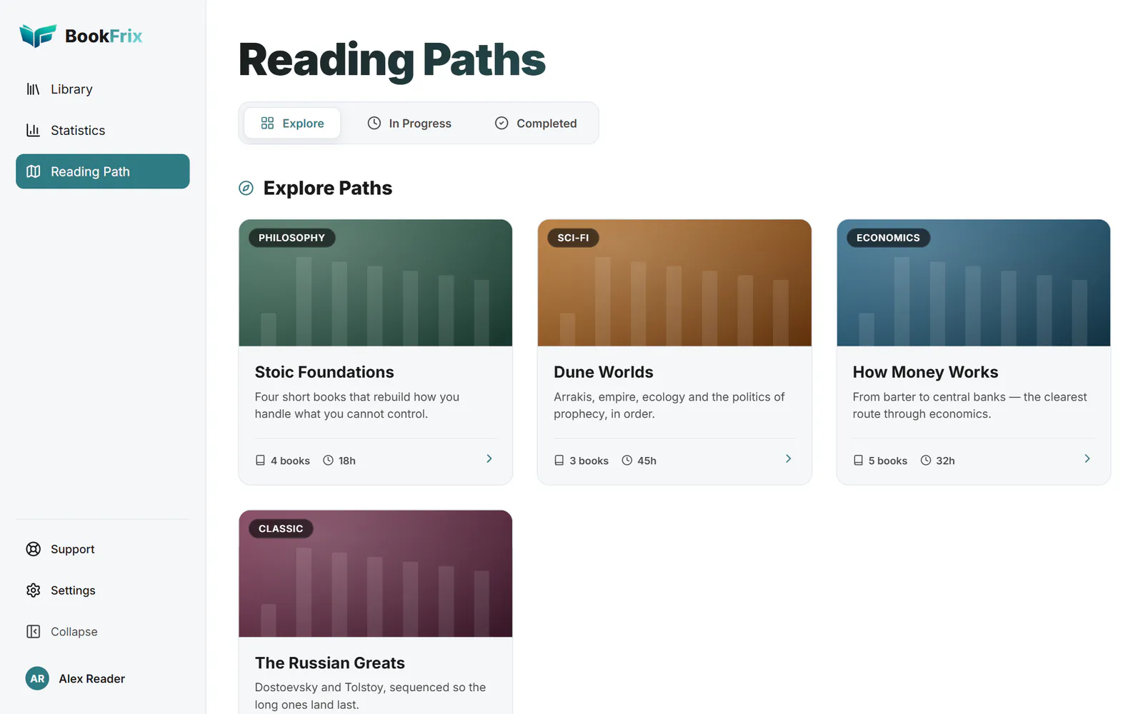 The Reading Paths page with path cards for philosophy, science fiction, economics and classics