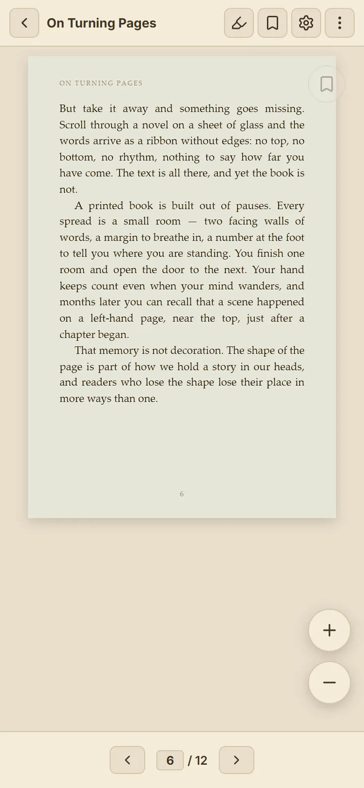 The same book on a phone, one page at a time, in the sepia theme