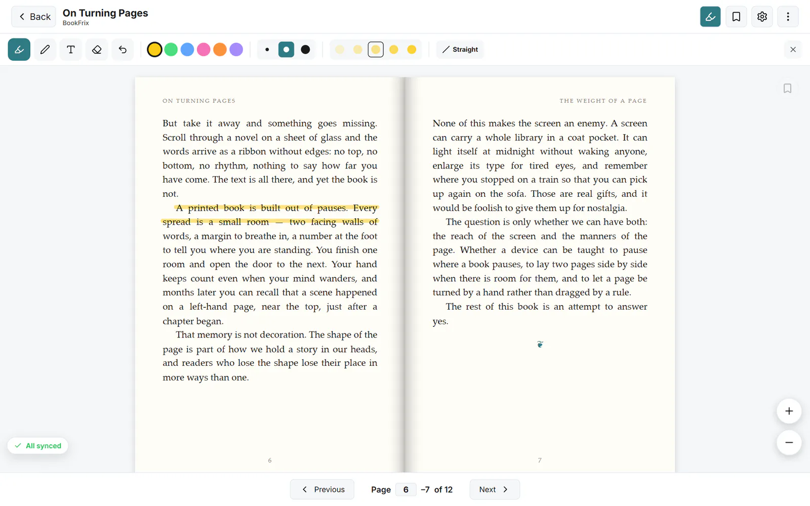 A sentence highlighted in yellow on a PDF page, with the annotation toolbar open above it