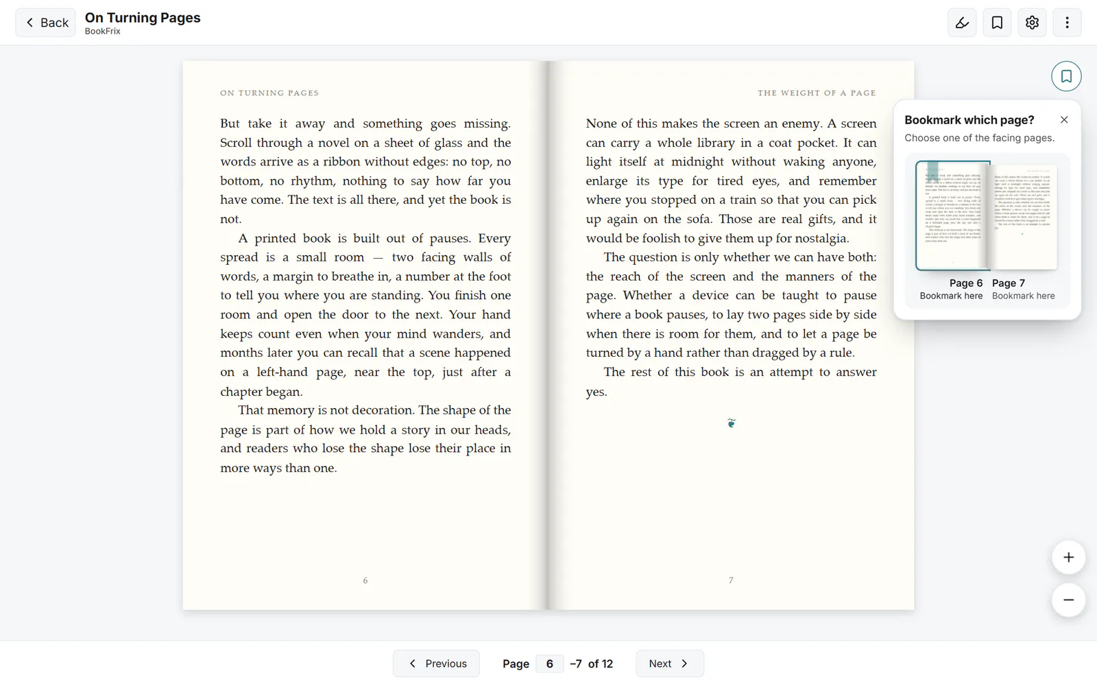The BookFrix PDF reader showing two facing pages, with the bookmark picker asking which page to bookmark