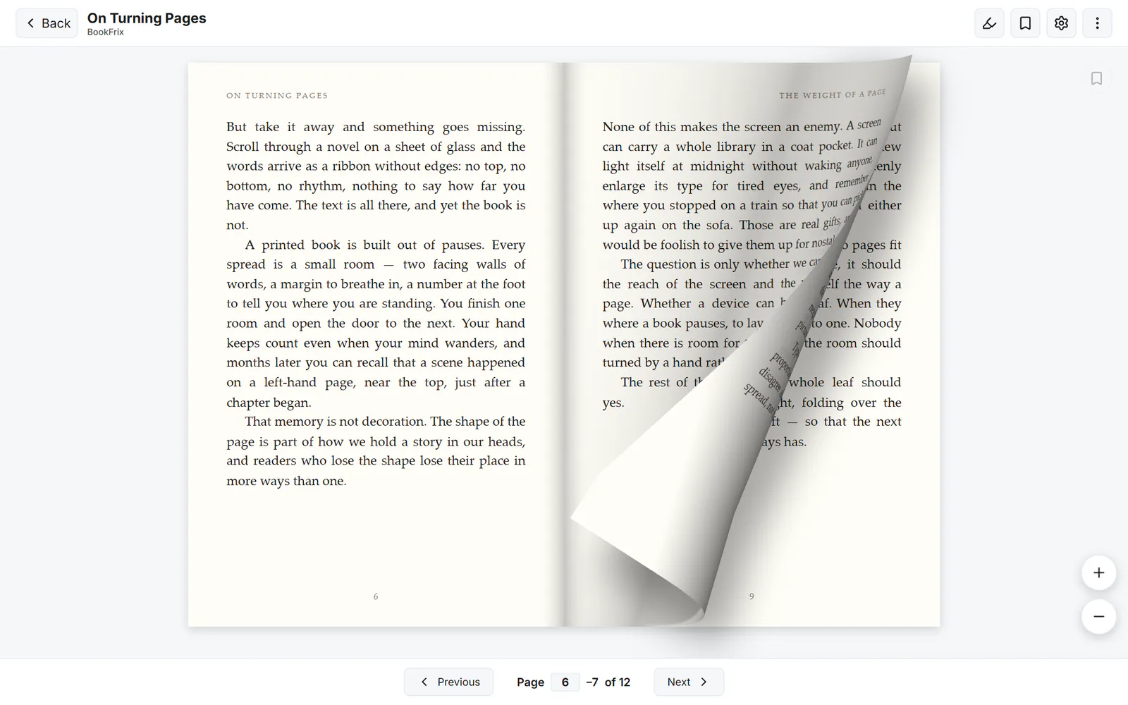 The BookFrix reader with two facing pages of a book, the right-hand page caught mid-turn in a 3D curl
