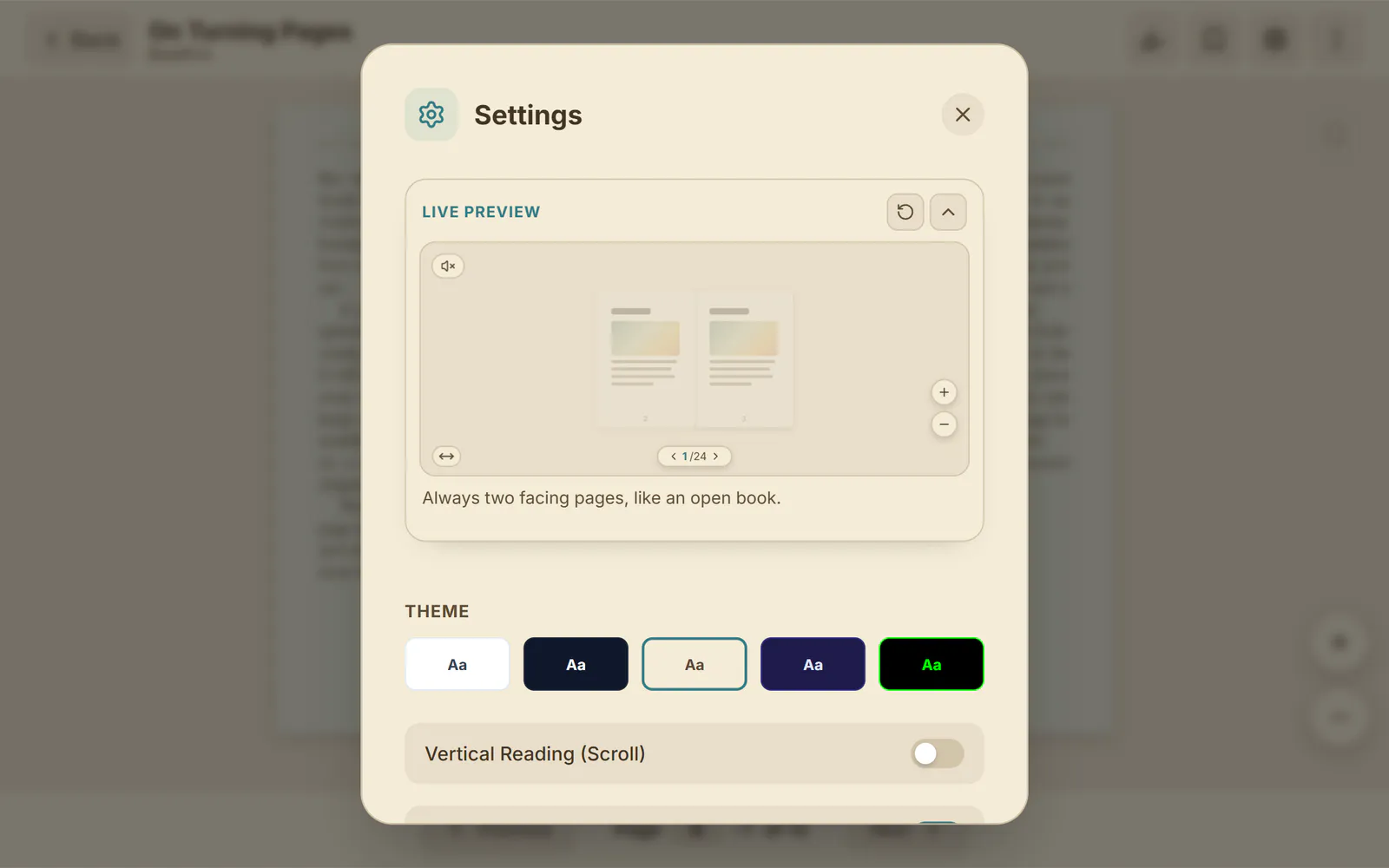 The reader settings panel with the live preview at the top and the five theme buttons