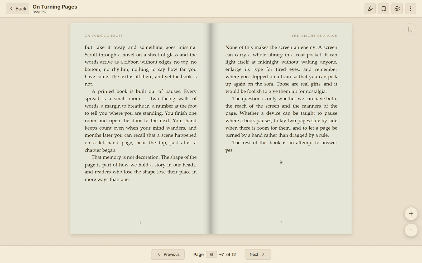 The BookFrix reader in the Sepia theme, showing two facing pages